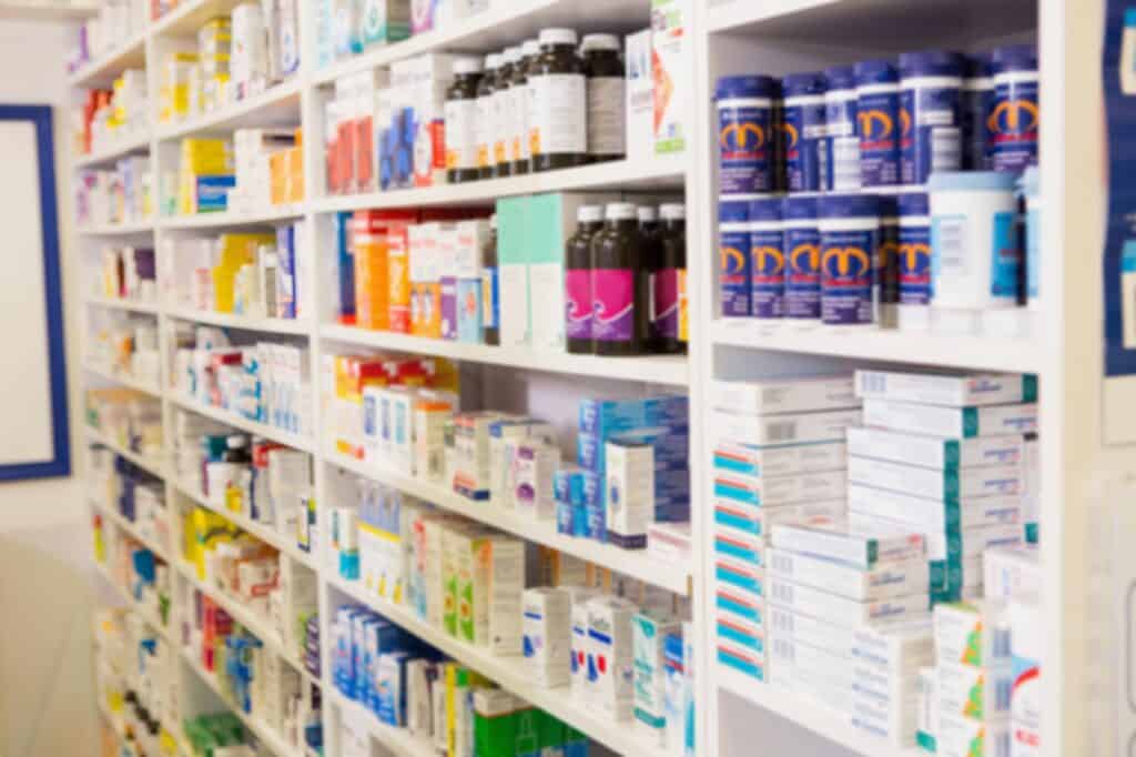 Shelves of drugs in a pharmacy