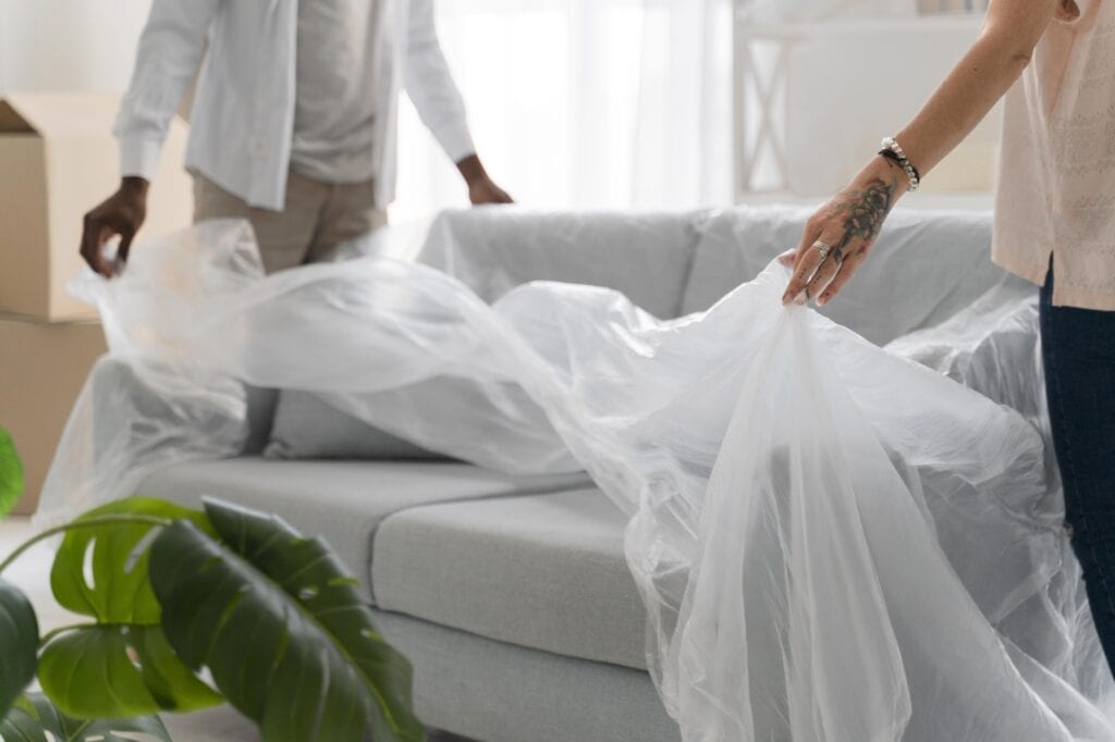 Cropped image of a couple wrapping the sofa with plastic